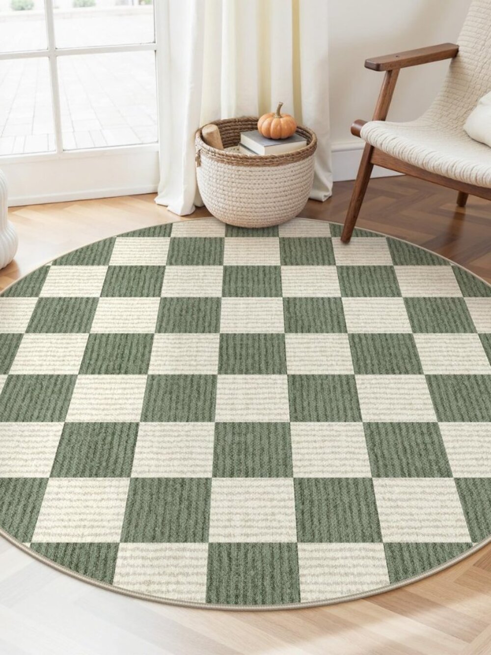 Checkered Round Rug 4 Ft Washable Area Rug for Playroom Classroom, Kids Non-Slip